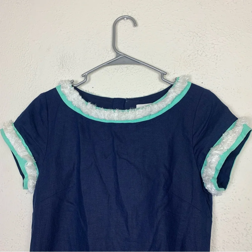 STS Sail to sable navy Linen Shift Dress with Fringe Trim size 6 cruise nautical - Picture 7 of 9